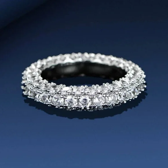 New Woman’s 18K Gold Plated Sterling Silver 3 Row White Sapphire Eternity Ring - Picture 6 of 10